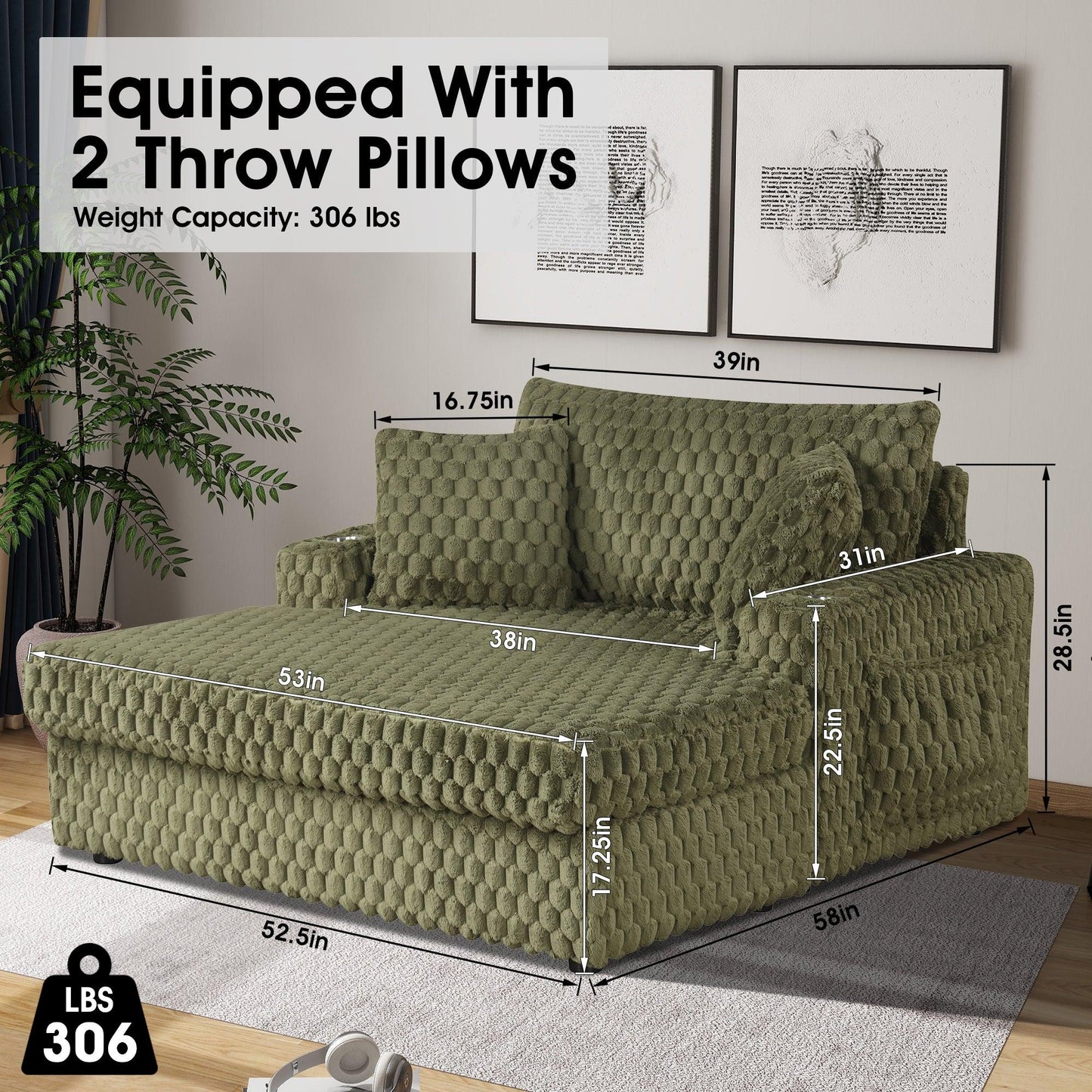 54 Inch Contemporary Indoor Upholstered Chaise Lounge Plush Sleeper Chair with Throw Pillows, 2 Cup Holders and Magazine Bags for Living Room