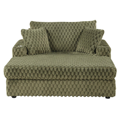 54 Inch Contemporary Indoor Upholstered Chaise Lounge Plush Sleeper Chair with Throw Pillows, 2 Cup Holders and Magazine Bags for Living Room