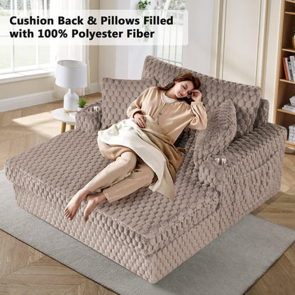 54 Inch Contemporary Indoor Upholstered Chaise Lounge Plush Sleeper Chair with Throw Pillows, 2 Cup Holders and Magazine Bags for Living Room