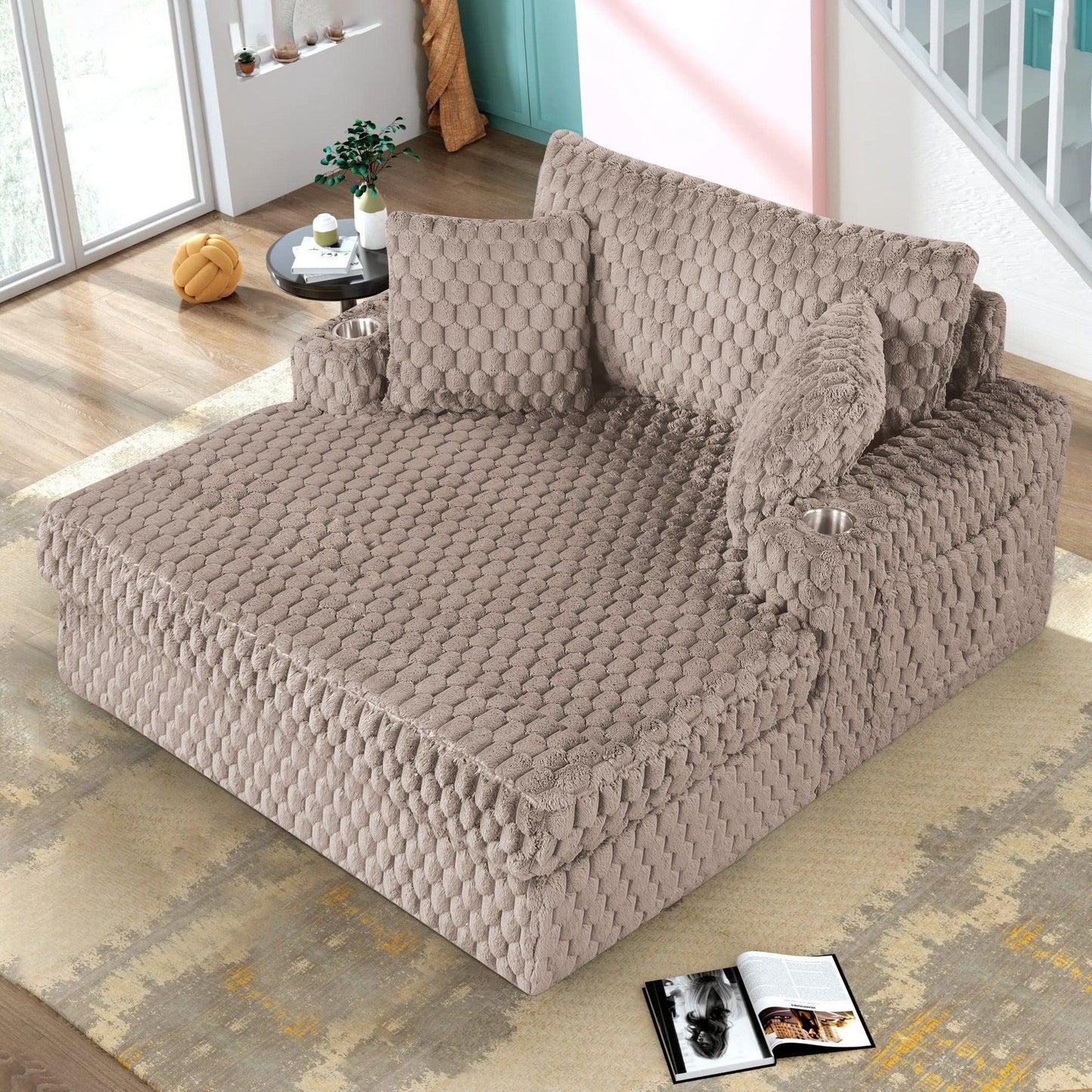 54 Inch Contemporary Indoor Upholstered Chaise Lounge Plush Sleeper Chair with Throw Pillows, 2 Cup Holders and Magazine Bags for Living Room
