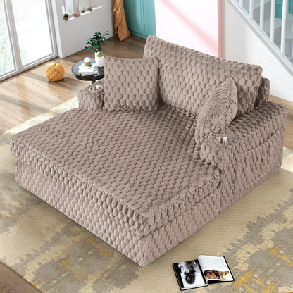54 Inch Contemporary Indoor Upholstered Chaise Lounge Plush Sleeper Chair with Throw Pillows, 2 Cup Holders and Magazine Bags for Living Room
