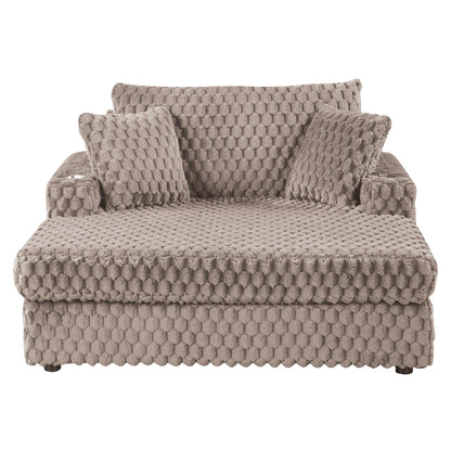 54 Inch Contemporary Indoor Upholstered Chaise Lounge Plush Sleeper Chair with Throw Pillows, 2 Cup Holders and Magazine Bags for Living Room