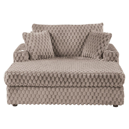 54 Inch Contemporary Indoor Upholstered Chaise Lounge Plush Sleeper Chair with Throw Pillows, 2 Cup Holders and Magazine Bags for Living Room