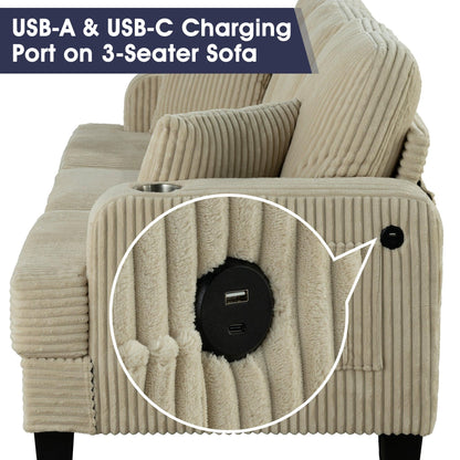 Beige 3 Piece Set Comfy Sofa Couch 3-Seater & Loveseat Sofa with Storage Ottoman with USB