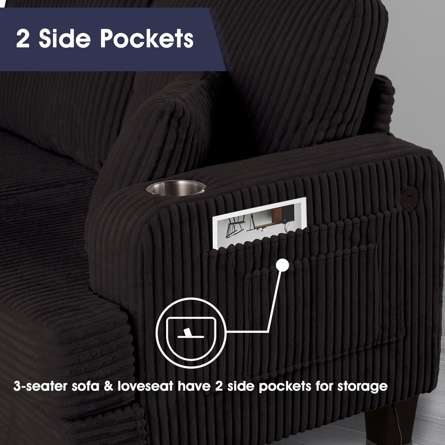 Black 3 Piece Set Comfy Sofa Couch 3-Seater & Loveseat Sofa with Storage Ottoman for Living Room with USB, Side Pockets, Pillows included