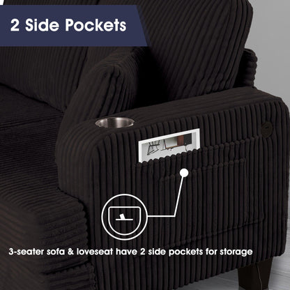 Black 3 Piece Set Comfy Sofa Couch 3-Seater & Loveseat Sofa with Storage Ottoman for Living Room with USB, Side Pockets, Pillows included