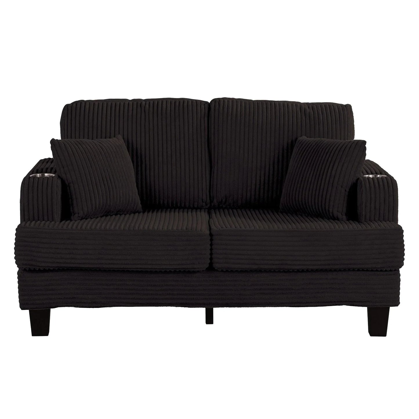 Black 3 Piece Set Comfy Sofa Couch 3-Seater & Loveseat Sofa with Storage Ottoman for Living Room with USB, Side Pockets, Pillows included