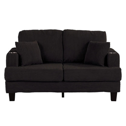 Black 3 Piece Set Comfy Sofa Couch 3-Seater & Loveseat Sofa with Storage Ottoman for Living Room with USB, Side Pockets, Pillows included