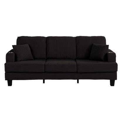 Black 3 Piece Set Comfy Sofa Couch 3-Seater & Loveseat Sofa with Storage Ottoman for Living Room with USB, Side Pockets, Pillows included