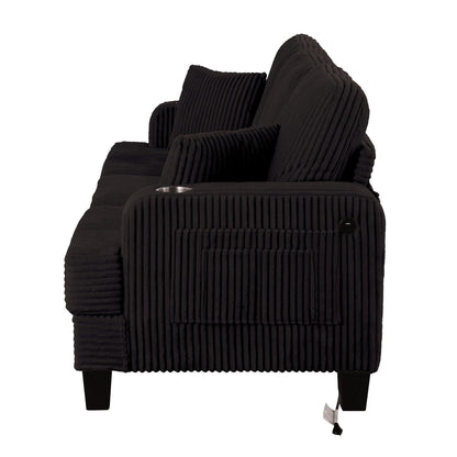 Black 3 Piece Set Comfy Sofa Couch 3-Seater & Loveseat Sofa with Storage Ottoman for Living Room with USB, Side Pockets, Pillows included
