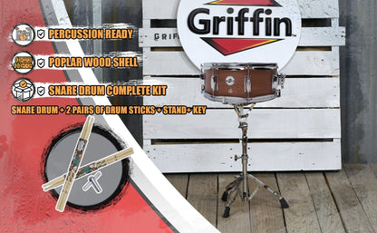 GRIFFIN Snare Drum Package with Snare Stand, 2 Pairs of Drum Sticks & Drum Key | Snare Kit with Poplar Wood Shell 14" x 5.5" with Flat Hickory PVC