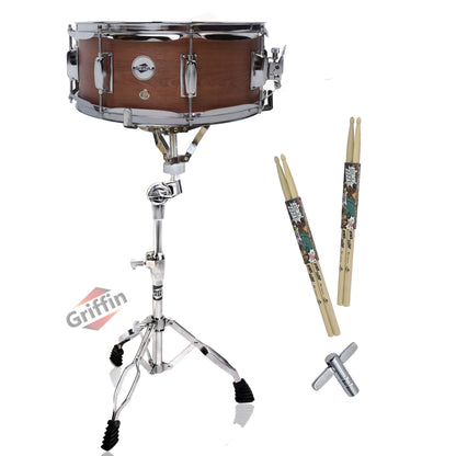 GRIFFIN Snare Drum Package with Snare Stand, 2 Pairs of Drum Sticks & Drum Key | Snare Kit with Poplar Wood Shell 14" x 5.5" with Flat Hickory PVC