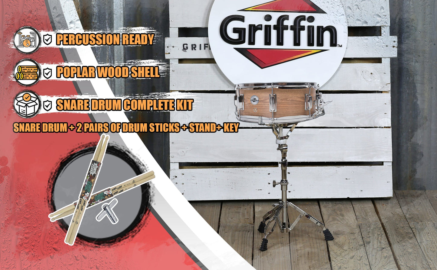 GRIFFIN Snare Drum Kit with Snare Stand, 2 Pairs of Maple Drum Sticks & Drum Key | Wood Shell Drum Set, Percussion Musical Instrument Practice Package | 8 Metal Tuning Lugs & Snare Strainer Throw Off