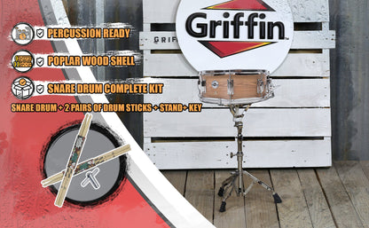 GRIFFIN Snare Drum Kit with Snare Stand, 2 Pairs of Maple Drum Sticks & Drum Key | Wood Shell Drum Set, Percussion Musical Instrument Practice Package | 8 Metal Tuning Lugs & Snare Strainer Throw Off