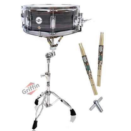 Snare Drum Kit by GRIFFIN | Includes Snare Stand, 2 Pairs of Maple Drum Sticks & Drum Key | 14" x 5.5" Poplar Shell | Percussion Musical Instrument Practice Package