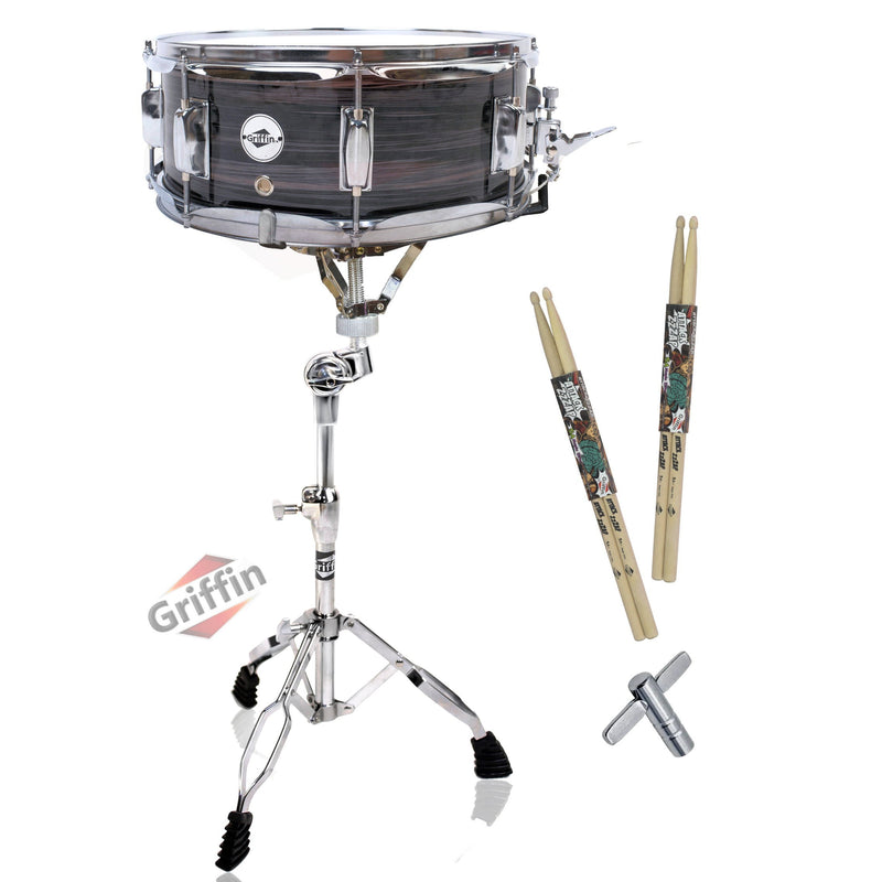 Snare Drum Kit by GRIFFIN | Includes Snare Stand, 2 Pairs of Maple Drum Sticks & Drum Key | 14" x 5.5" Poplar Shell | Percussion Musical Instrument Practice Package