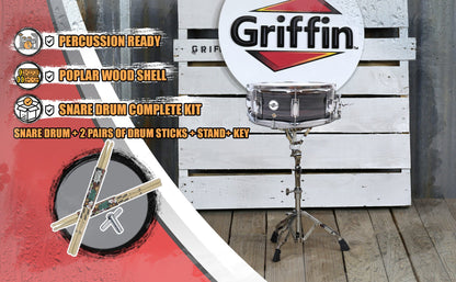 Snare Drum Kit by GRIFFIN | Includes Snare Stand, 2 Pairs of Maple Drum Sticks & Drum Key | 14" x 5.5" Poplar Shell | Percussion Musical Instrument Practice Package for Students & Professionals