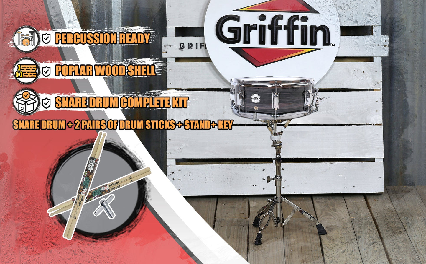 Snare Drum Kit by GRIFFIN | Includes Snare Stand, 2 Pairs of Maple Drum Sticks & Drum Key | 14" x 5.5" Poplar Shell | Percussion Musical Instrument Practice Package