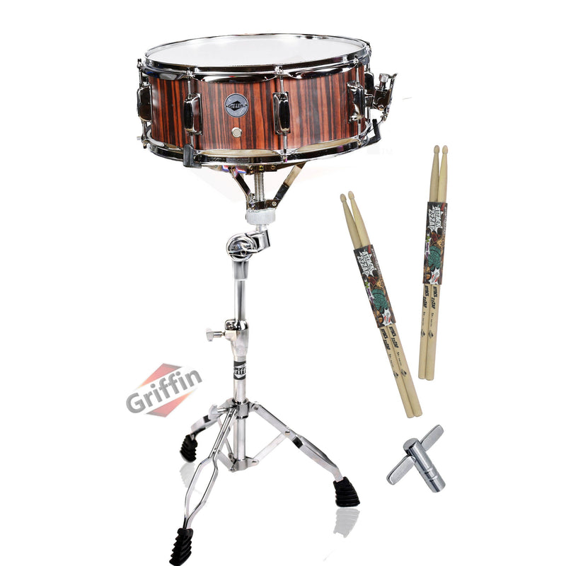 Snare Drum Set by GRIFFIN - Includes Snare Stand, 2 Pairs of Maple Drum Sticks & Drum Key | Wood Shell Drum Set, Chrome Holder Acoustic