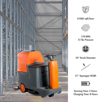 SMX 22" Heavy Duty Electric Industrial Ride-On Floor Scrubber With Dual Tanks (SAK48153)