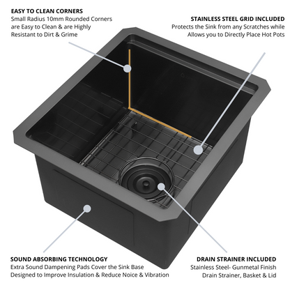 Zeek 15 x 17 Inch Gunmetal Undermount / Drop-In Workstation Sink for RV or Wet Bar 16G Stainless Steel ZW-B157