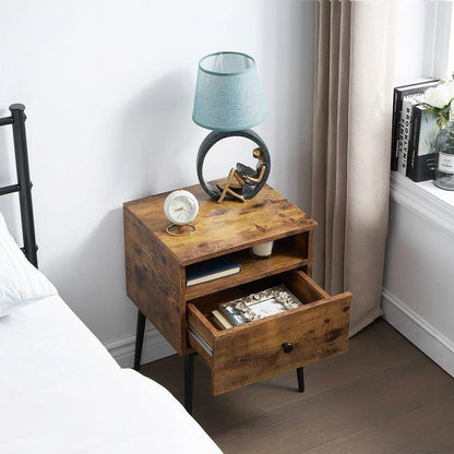 Set of 2 - Mid Century Modern Side Table Nightstand in Brown Black Wood Finish
