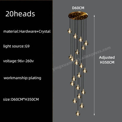 DecorBites™ Black & Gold Crystal Chandelier LED Pendant Light Fixture Loft Staircase Lighting