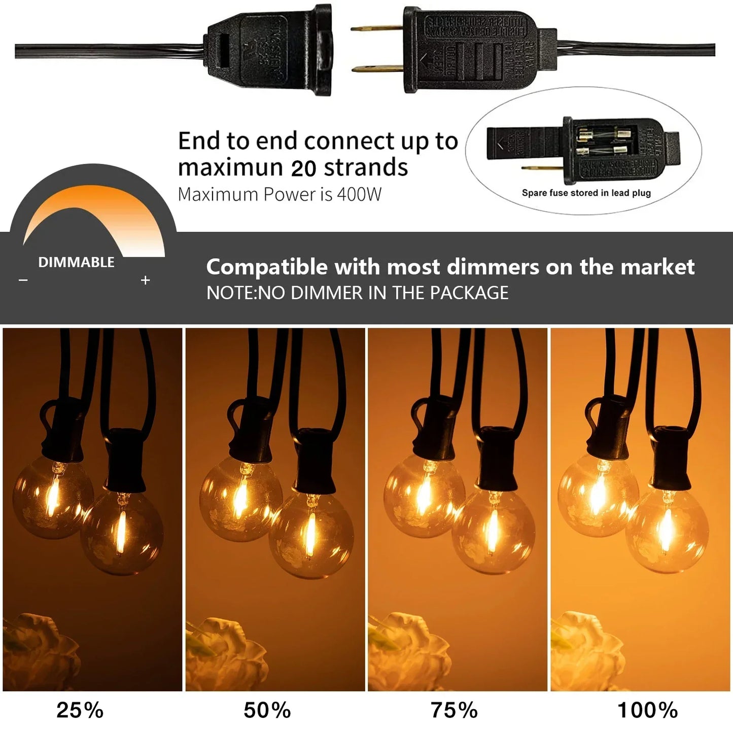 DecorBites™ Amber Glass Bulb Dimmable LED String Lights Connectable for Party Wedding Decor