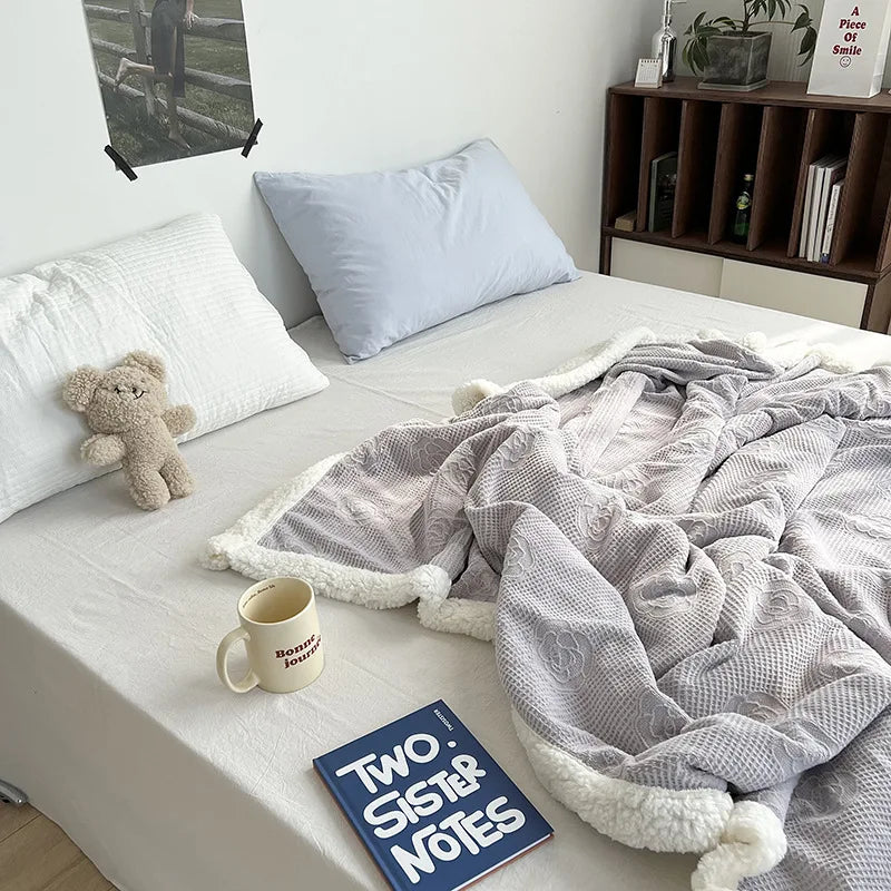 DecorBites™ Camellia Jacquard Lamb Wool Blanket - Double-Layer Cozy Quilt