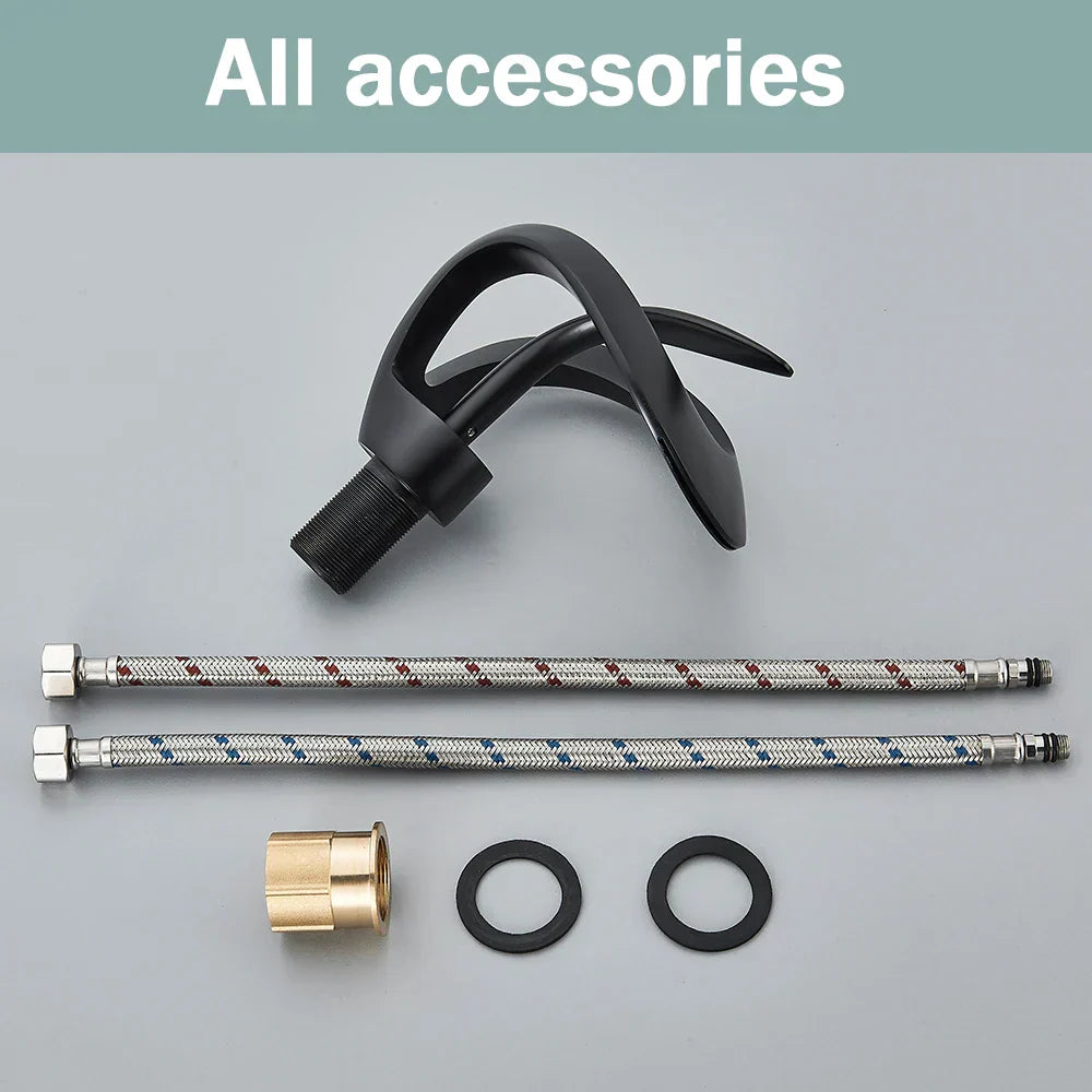DecorBites™ Black Basin Faucet Grey Waterfall Mixer Tap Hot Cold Modern Brass Deck Mount