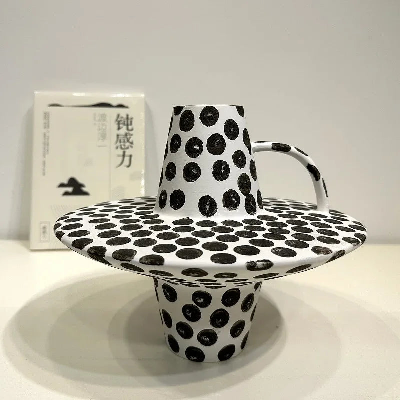 DecorBites™ Black White Dots Ceramic Vase Geometric Abstraction Handicraft Floral Accessories