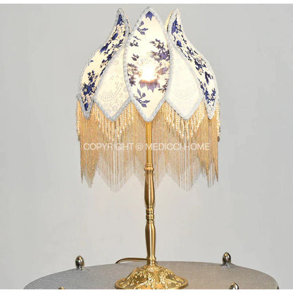 DecorBites™ Blue & White Porcelain Floral Lampshade with Pearl Tassel