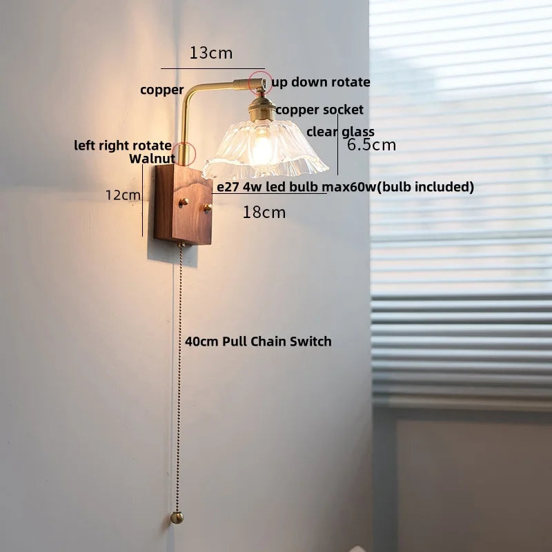 DecorBites™ Clear Glass LED Wall Light Walnut Bedside Lamp Modern Rotatable Brass Wall Lights