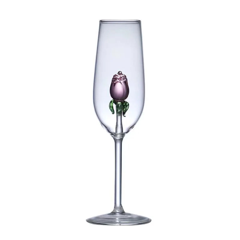 DecorBites™ 3D Rose Champagne Flute Glass: Unique Custom Wine Goblet Cup with Rose Inside