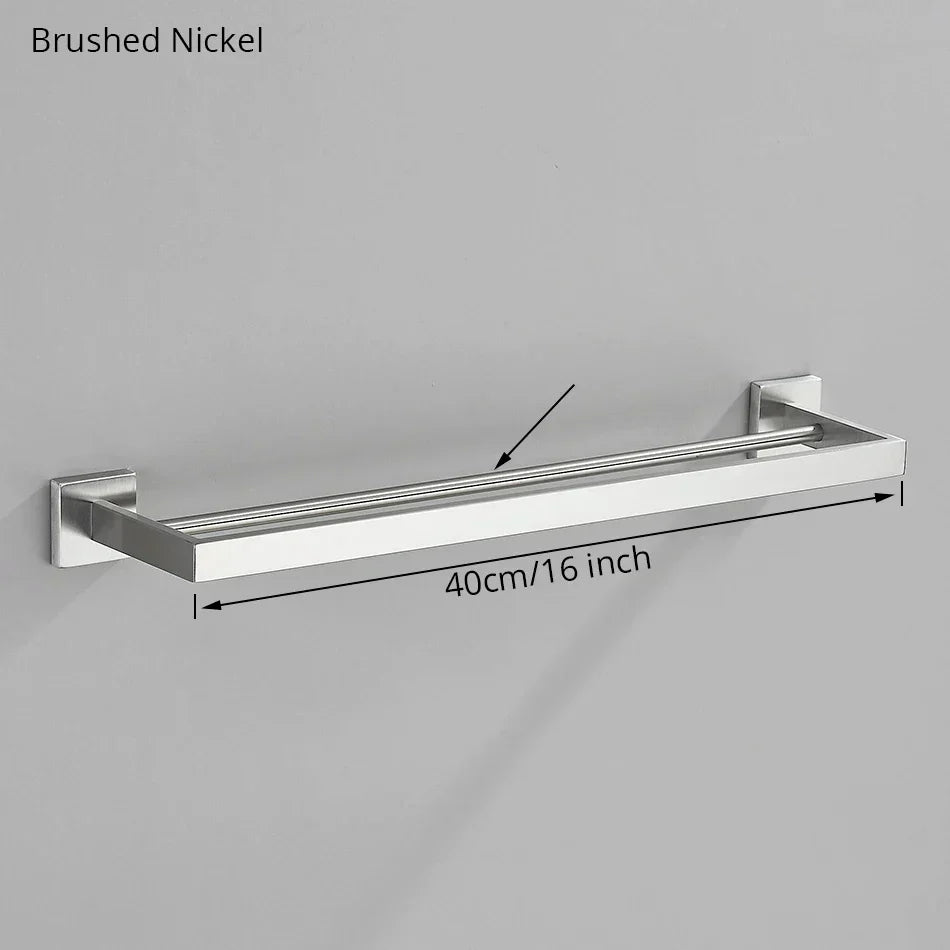 DecorBites™ Brushed Nickel Bathroom Hardware Set: Robe Hook, Towel Rail, Bar Rack, Shelf, Tissue Holder