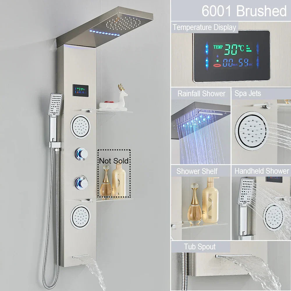 DecorBites™ Brushed LED Light Shower Faucet SPA Massage Shower Column Waterfall Panel