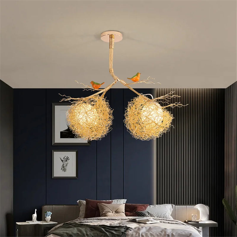 ™ Gold Bird'S Nest LED Chandelier for Modern Cottagecore Living Room Décor