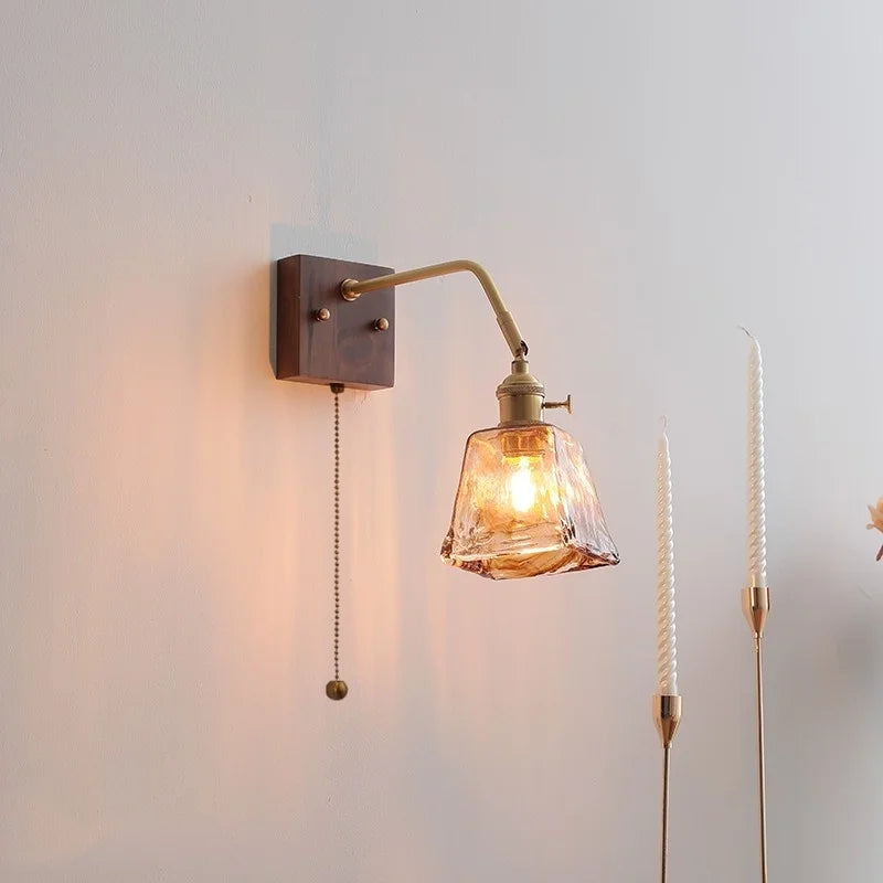 DecorBites™ Amber Glass LED Wall Sconce Pull Chain Switch.