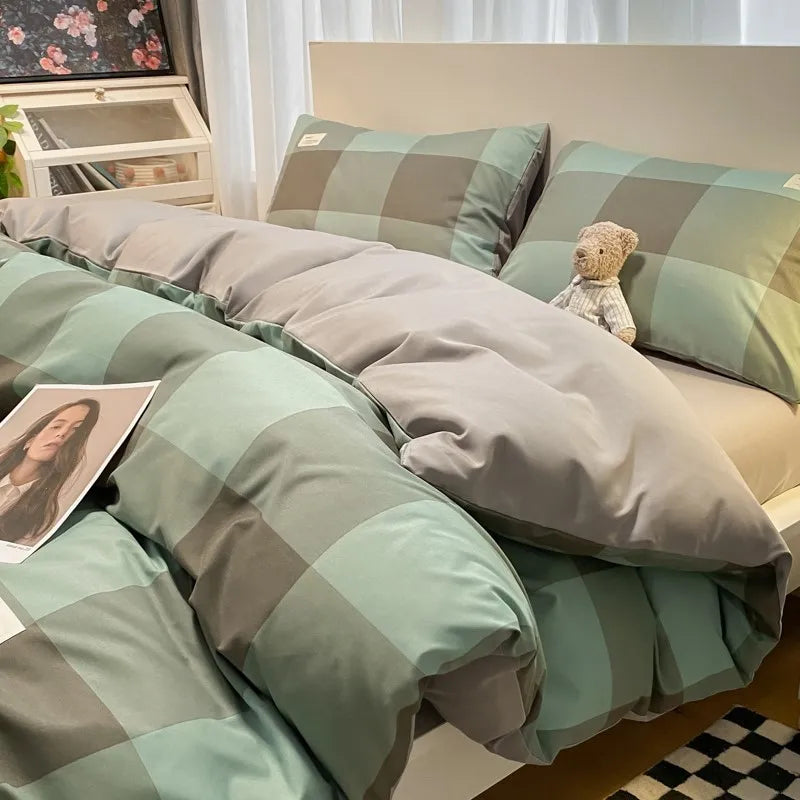 ™ Japanese Grid Printed Cotton Bedding Set in Queen/King for Cozy Sleep
