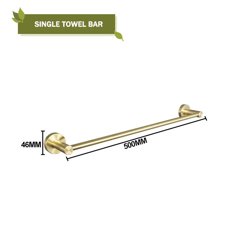 DecorBites™ Brushed Gold Bathroom Accessories Set: Wall Mount Shelf, Toilet Paper Holder, Towel Bar, Robe Hook