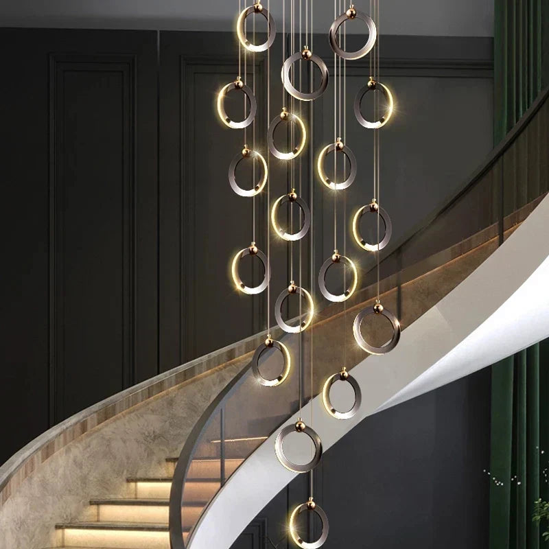 DecorBites™ Aluminum LED Chandelier: Luxury Crystal Round Hanging Lamps for Staircase and Attic