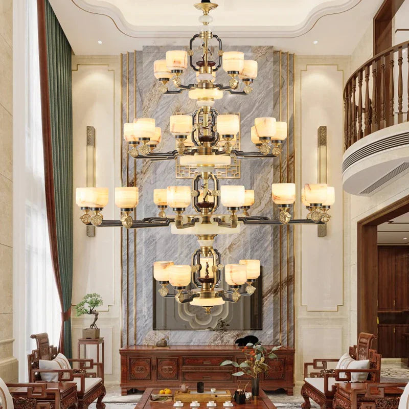 DecorBites™ All Copper Jade Chandelier for Living Room, Villa Duplex Multi-storey Lighting