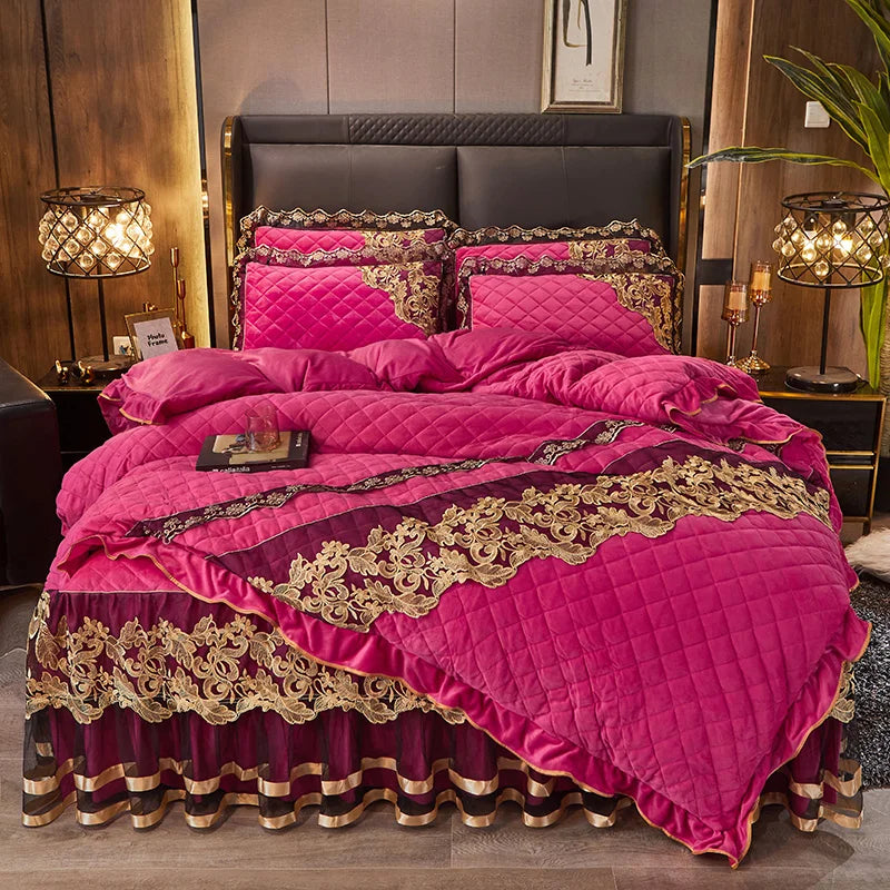 DecorBites™ Black Gold Luxury Crystal Velvet Bedding Set with Quilted Embroidery & Ruffles