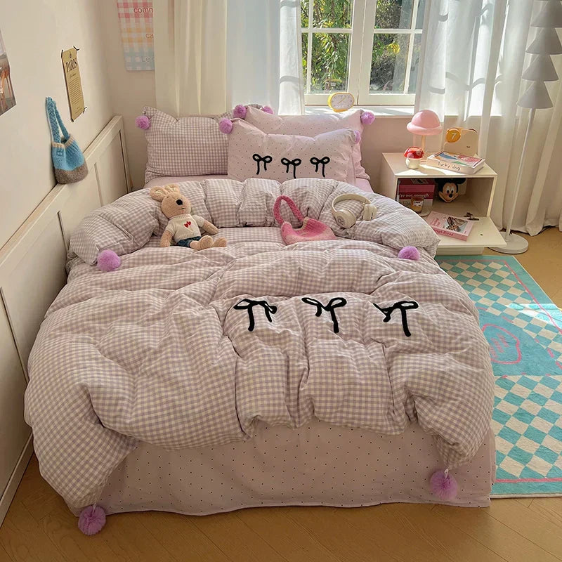 ™ Korean Princess Bow Lattice Pompom Bedding Set - Single Queen Size