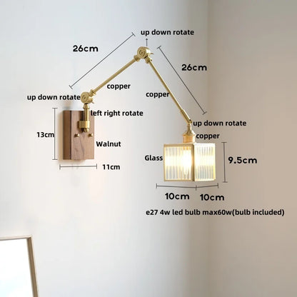 DecorBites™ Cube Glass LED Wall Sconce Walnut Wood Rotatable Mirror Light