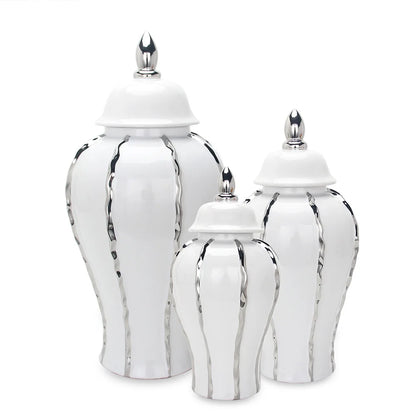 DecorBites™ Silver Striped Porcelain Ginger Pot Vase.