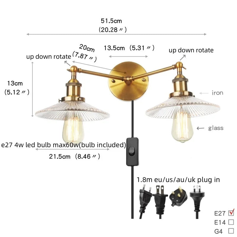 DecorBites™ Glass 2-Light Wall Sconce with Pull Chain Switch for Bedroom and Bathroom