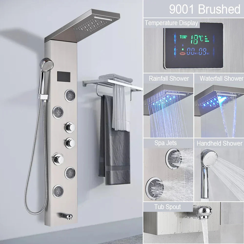 DecorBites™ Brushed LED Light Shower Faucet SPA Massage Shower Column Waterfall Panel