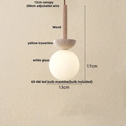 DecorBites™ LED Pendant Lamp White Glass Ball Yellow Travertine Hanging Light