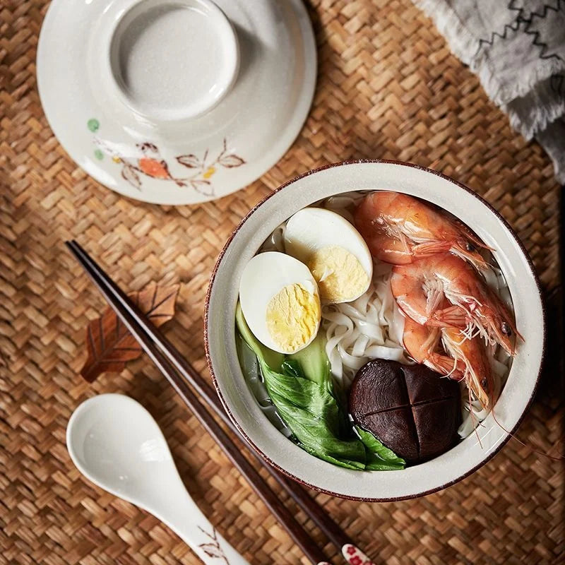 DecorBites™ 6.5inch Retro Ceramic Ramen Bowl Set with Lid, Chopsticks, and Spoons